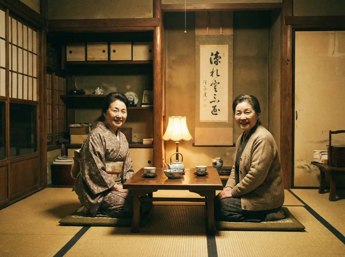 两位优雅的 华体会体育 平台 在日式茶室中品茶交谈